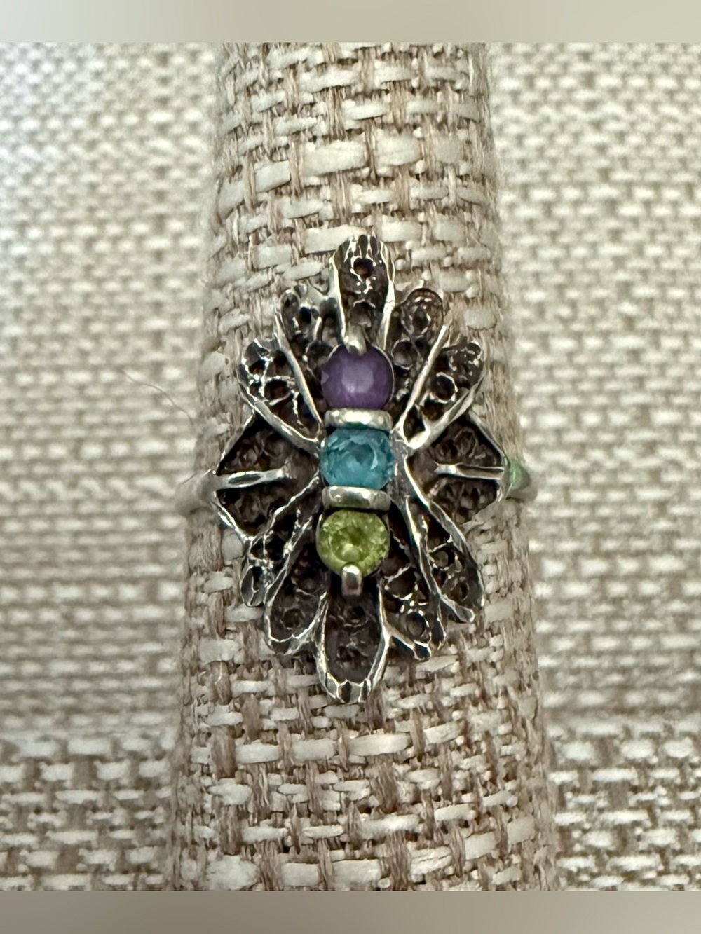 Sterling Silver Multistone Vintage Filigree Flower Ring Purple Blue Green Stones